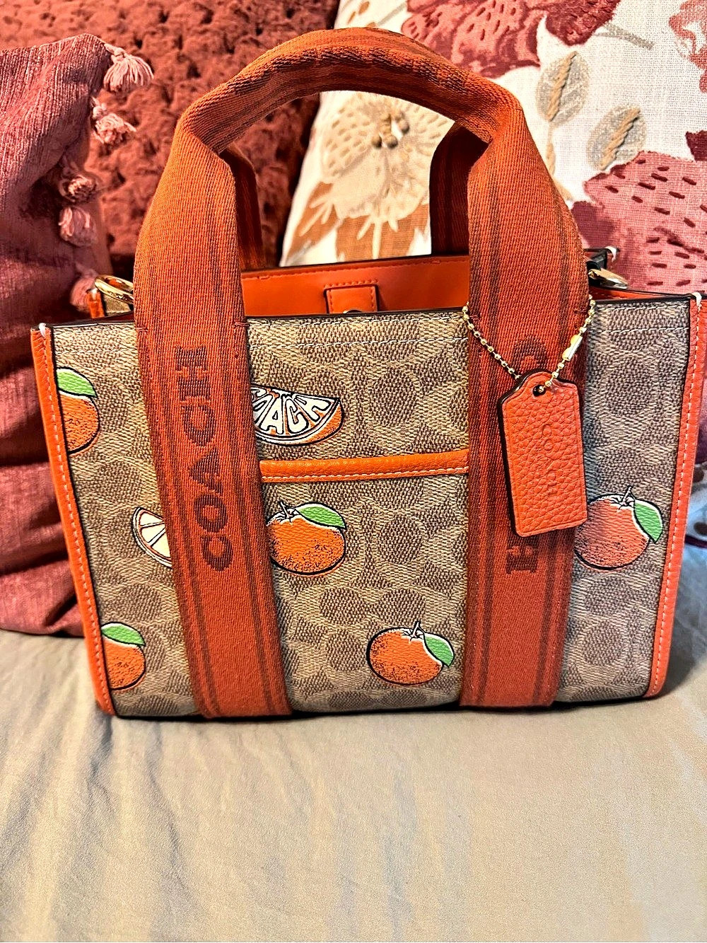 Coach Dempsey Tote 22 In Signature Canvas With Orange Print Orange Print